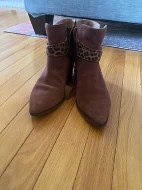 Women's Brown Suede Ankle Boots with Leopard Strap